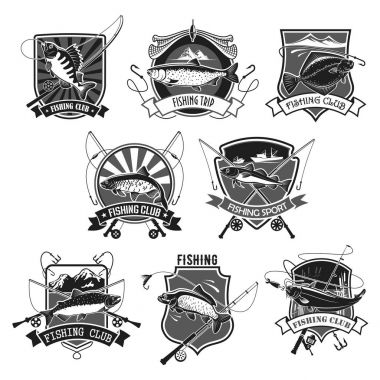 Vector icons set for fishing or fisher sport club clipart