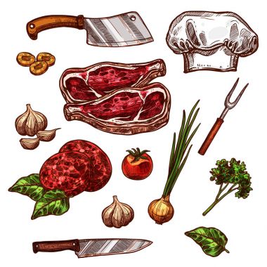 Kasaplık et ve baharat vektör simgeleri