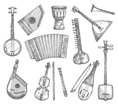 Vector sketch icons of musical instruments clipart