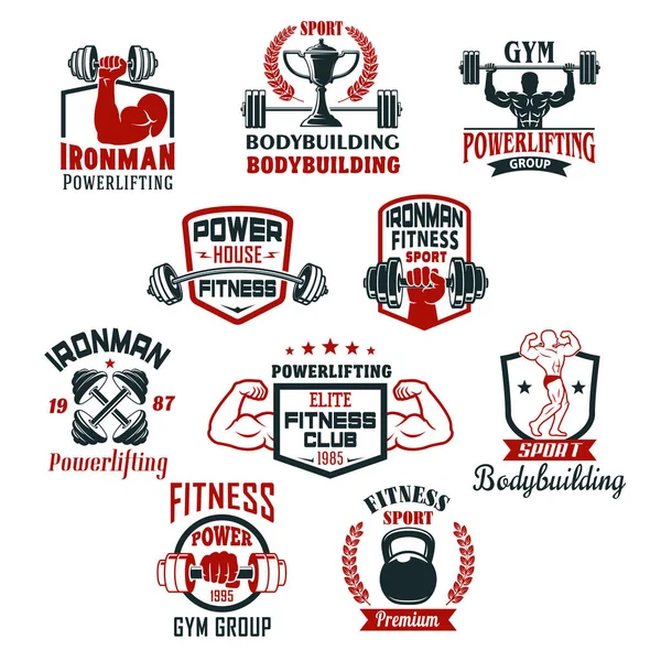 Bodybuilding-Fitness oder Powerlifting-Club-Vektor-Symbole — Stockvektor