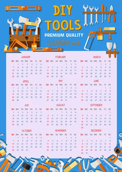 Calendario vectorial 2018 herramientas de trabajo de renovación de casas — Vector de stock