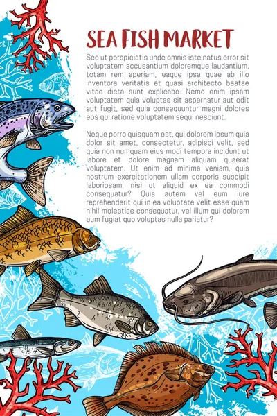 Cartel vectorial de la captura de peces para mariscos maket — Vector de stock