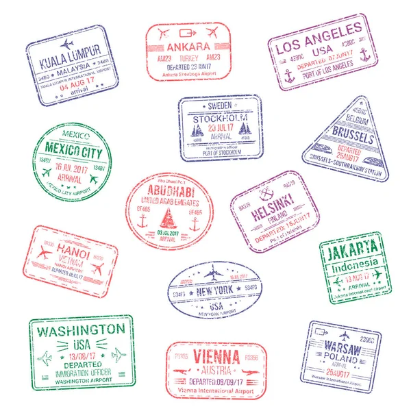 Vector icons of city passport stamps world travel — Stock Vector