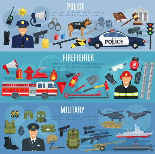 Vektör afiş itfaiyeci, askeri ve polis