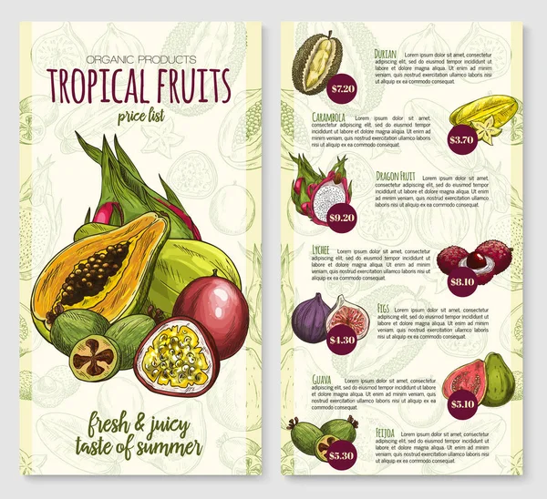 Vector price list for exotic fresh tropical fruits — Stock Vector