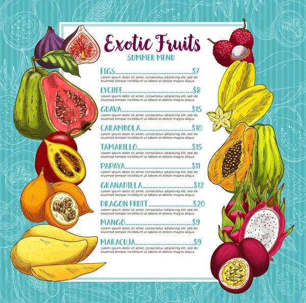 Vector price menu for exotic fresh tropical fruits — Stock Vector