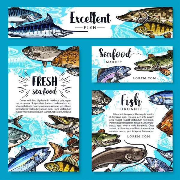 Vector posters for seafood or fish food products — Stock Illustration Vector posters for seafood or fish food products Stock Illustration