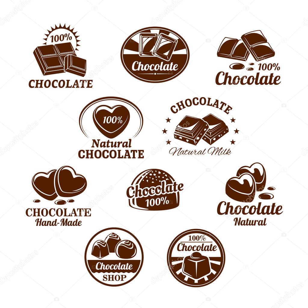 Chocolate desserts and choco candy bars icons. Vector isolated set of chocolate splash fondant and comfits with nuts and raisins for confectionery and sweet product labels or package design templates