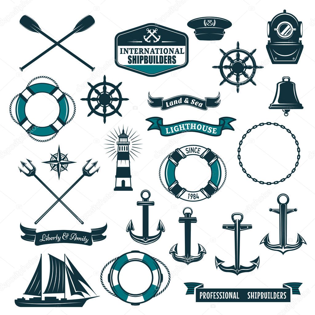 Vector nautical heraldic icons of seafarer sailing