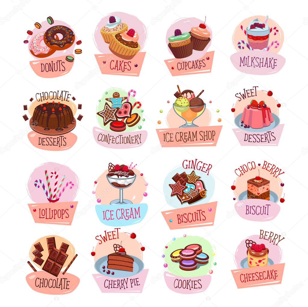 Bakery shop sweets and desserts icons for cafeteria menu. Vector set of berry and fruit cakes, chocolate pies or pastry cookies and biscuits, ice cream or tiramisu and brownie tortes and donuts