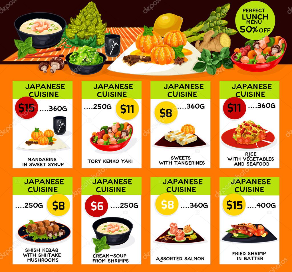 Vector menu of Japanese cuisine restaurant