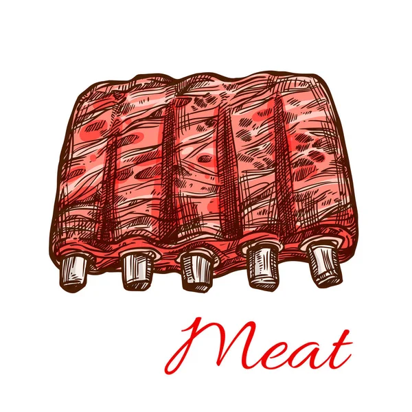 돼지고기 또는 양고기 신선한 갈비 고기 스케치 아이콘 벡터 — 스톡 벡터
