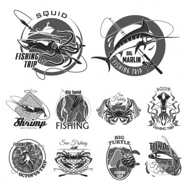 Balık tutma veya fisher yolculuk için Vector Icons set