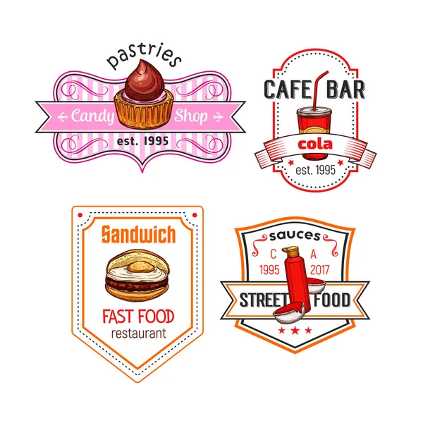 Comida rápida vector snack comida y postres iconos conjunto — Vector de stock