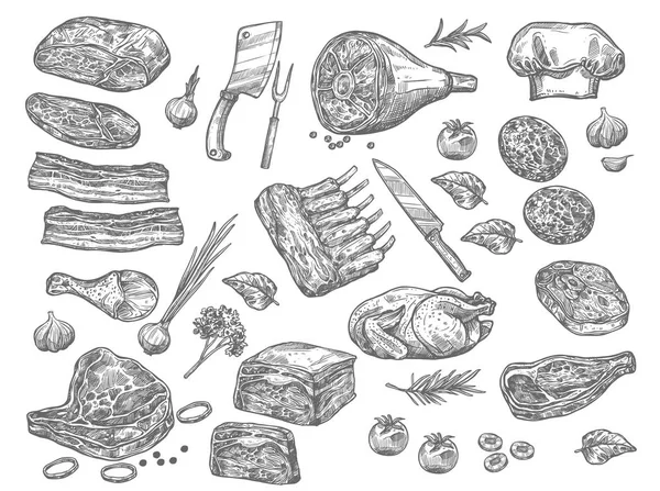Icone di schizzo vettoriale di carne per macelleria — Vettoriale Stock