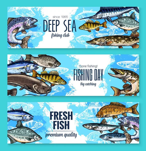 Banderas vectoriales para la pesca o la vida marina de los peces — Vector de stock