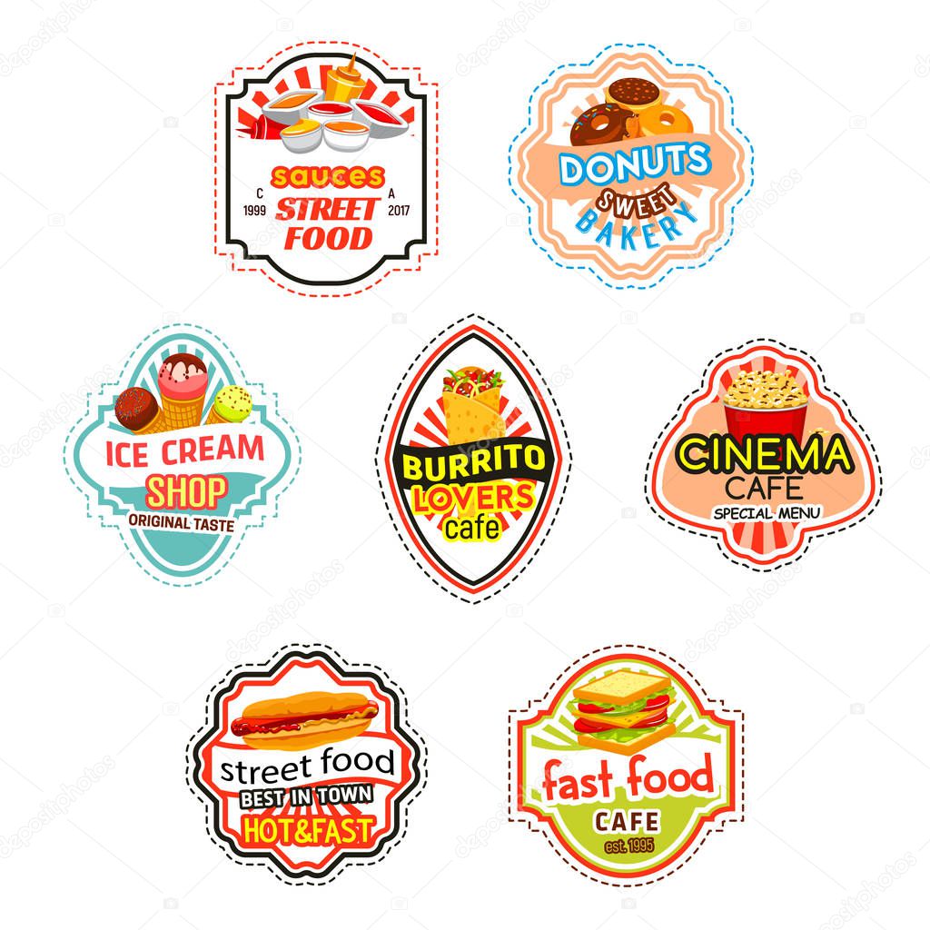 Fast food icons set for cinema cafe, fastfood or street food bistro. Vector isolated sauces, sweet donut and ice cream dessert, burrito and popcorn or hot dog sandwich and burger with drinks for menu