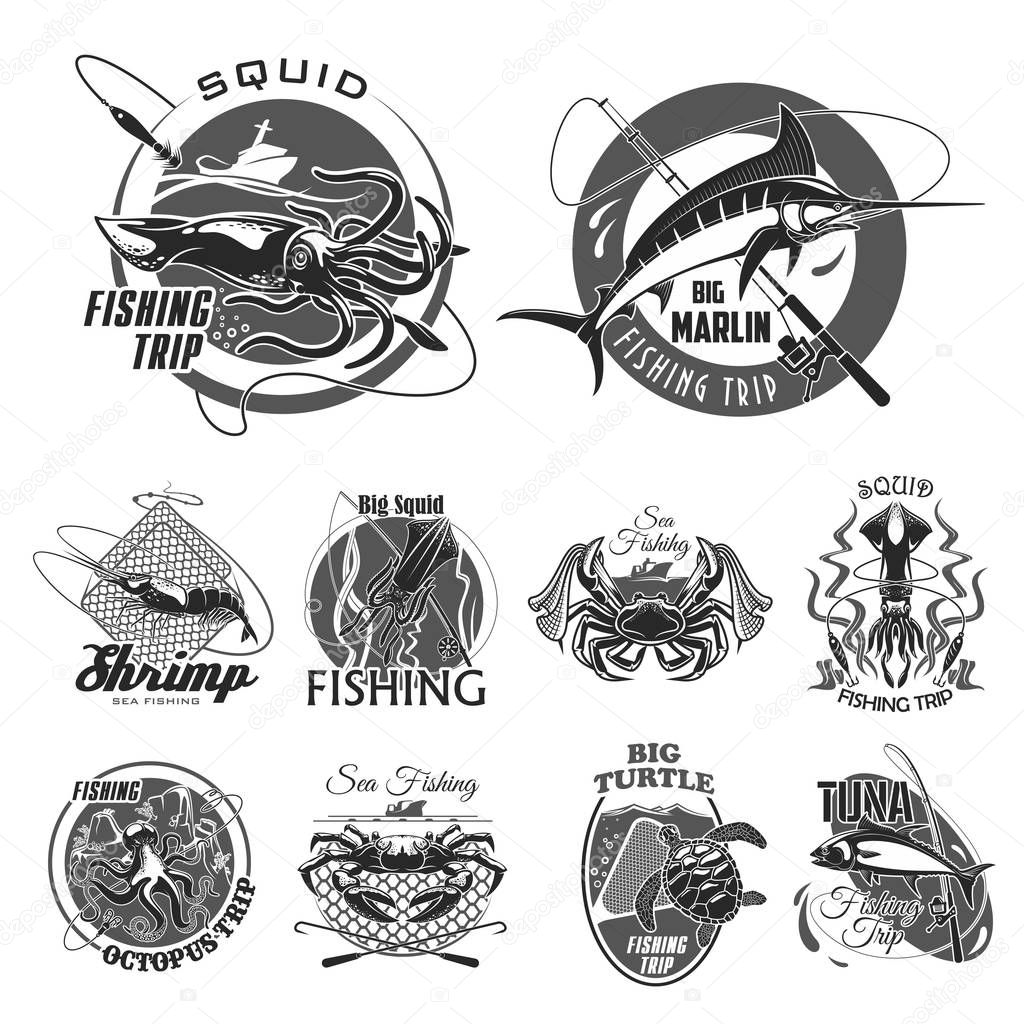 Fishing trip or fisherman club icons set of big fish on hook and tackle. Vector isolated badges of squid, turtle or shrimp and fishing rod with lure oe net, tuna or salmon and marlin or octopus