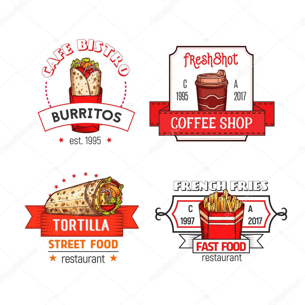 Fast food icons of burrito snack, tortilla wrap or french fries snack and soda or coffee drink for fastfood restaurant, bistro of cafe and cinema bar menu template. Vector isolated icons set