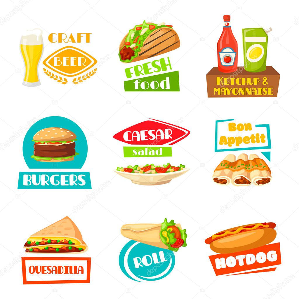 Fast food and meals icons for menu template. Vector isolated set for craft beer drink bar, taco snack with ketchup or mayonnaise sauce, burger and caesar salad, quesadilla roll and fastfood hot dog