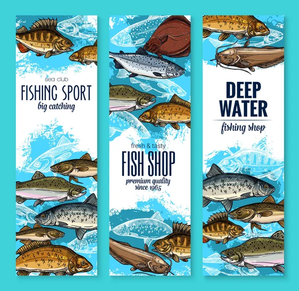 Bandeiras de peixes do mar para frutos do mar ou design de pesca —  Vetores de Stock