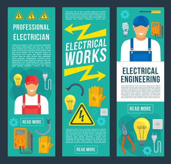 Estandartes de obras eléctricas e eléctricas —  Vetores de Stock