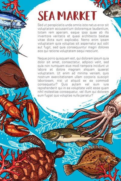 Αφίσα εστιατόριο αγοράς και ψάρια θαλασσινά — Διανυσματικό Αρχείο
