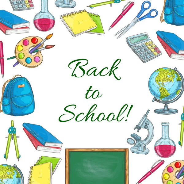 Back to school poster of school supplies sketches — Stock Vector