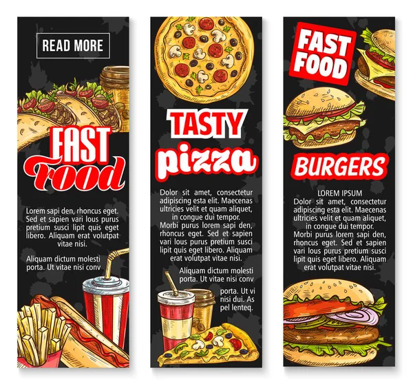 Almoço fast food com banners de bebidas — Vetor de Stock