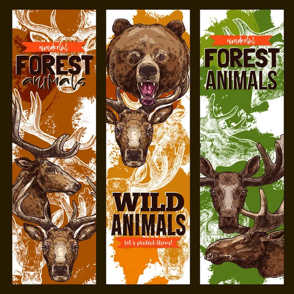 Animal sketch banner set with bear, deer and elk — Stock Vector