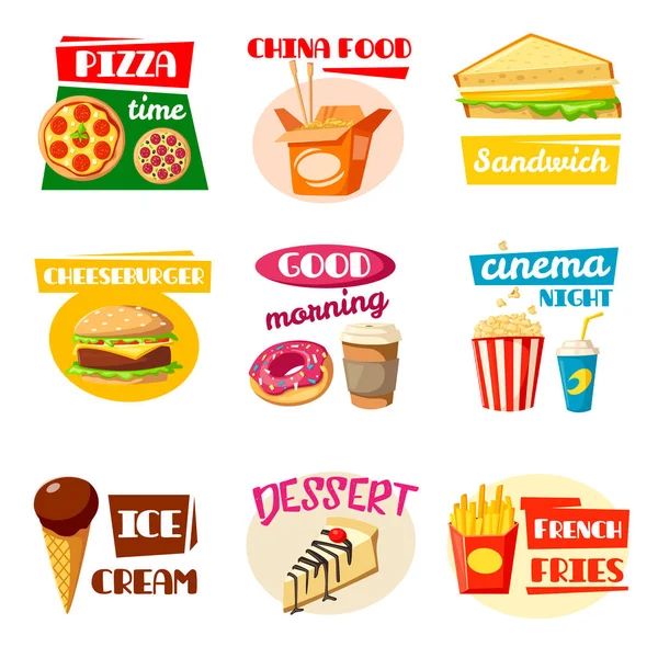 Iconos de comida rápida de sándwich, bebida y snack — Vector de stock