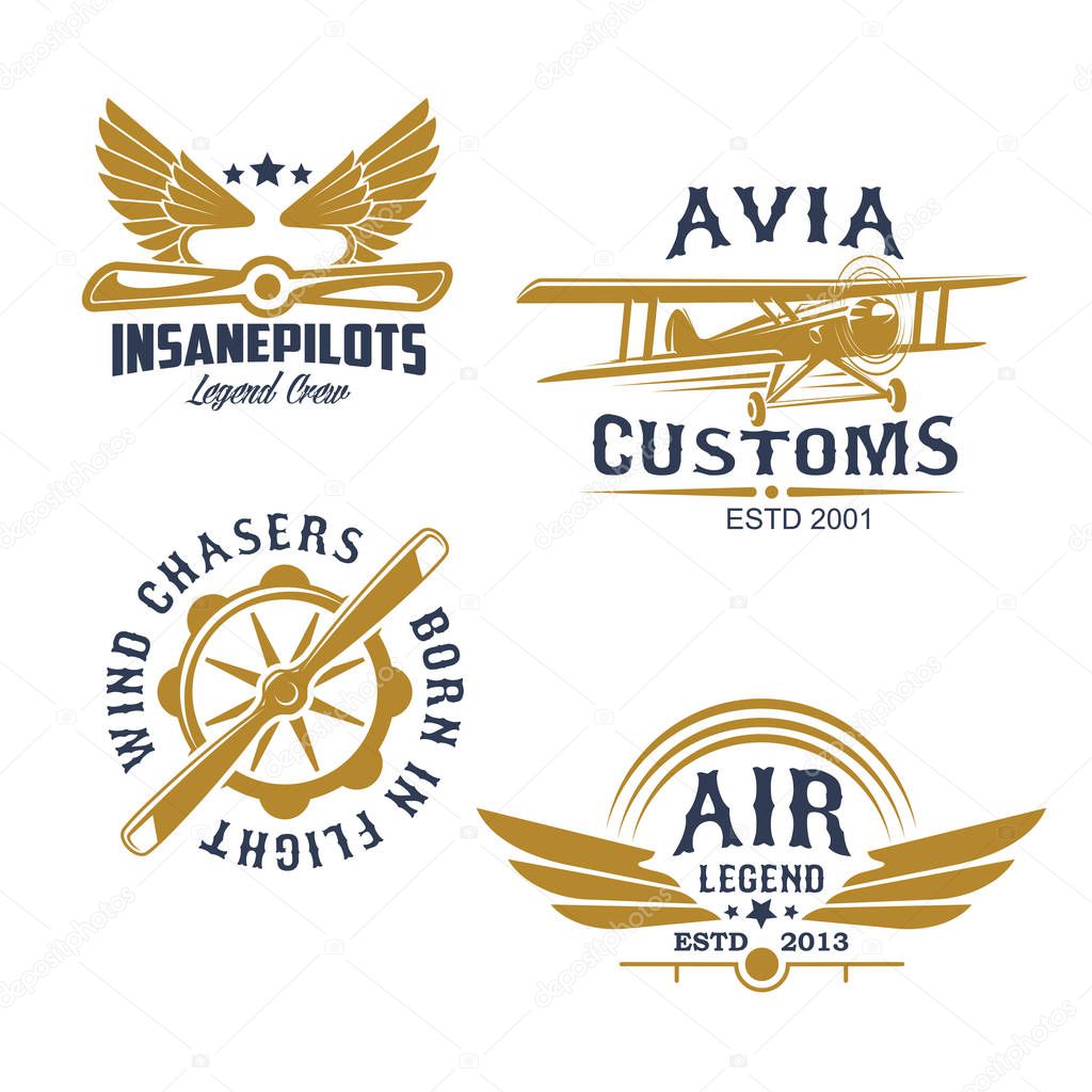 Aviation and airplanes retro symbols. Vintage biplane, airplane propeller and wings isolated icon for flying club emblem, aircraft business badge and air travel transportation themes design