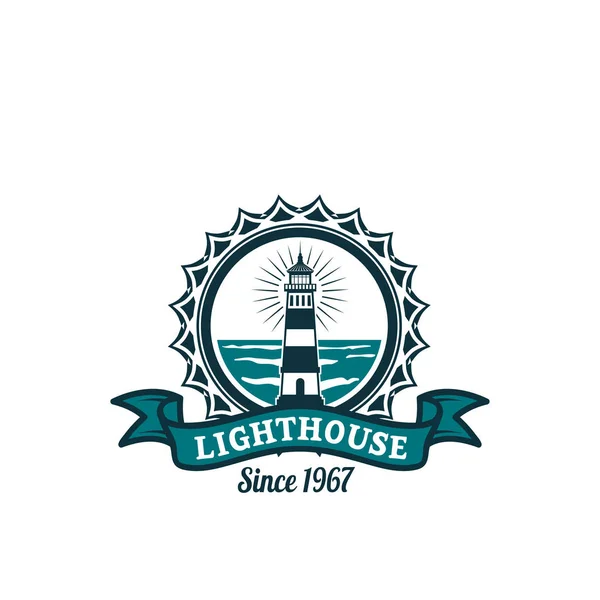 Nautical badge with lighthouse on sea shore — Stock Vector