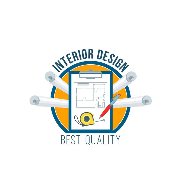 Emblema de design de interiores com desenhos de plano de casa —  Vetores de Stock