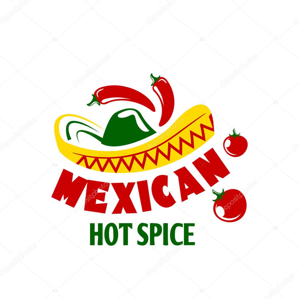 Mexican food isolated icon. Red chili pepper, tomato and jalapeno spice vegetable with sombrero hat vector symbol for mexican cuisine fast food restaurant emblem or hot spicy salsa sauce label design