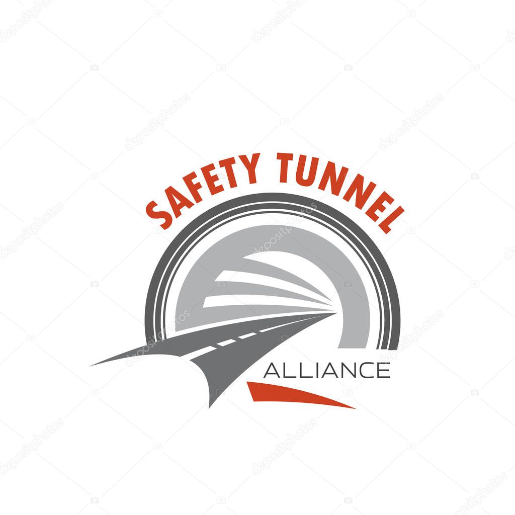 Road tunnel and safety traffic symbol. Speed highway with road tunnel entrance isolated icon. Safety tunnel emblem for transportation and road building company design