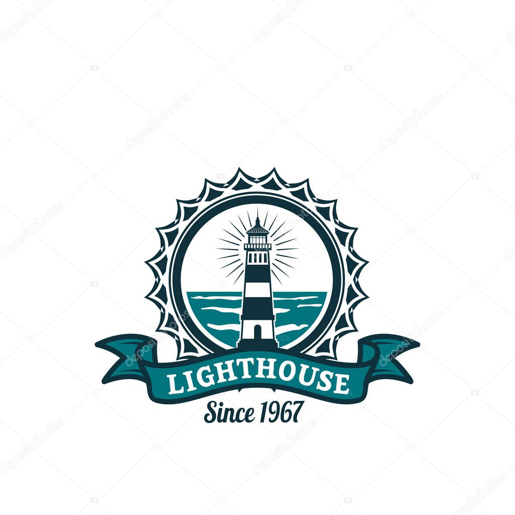 Nautical lighthouse round badge. Lighthouse tower on sea shore isolated icon with ribbon banner for marine travel and sailing club emblem design, navy heraldry themes design