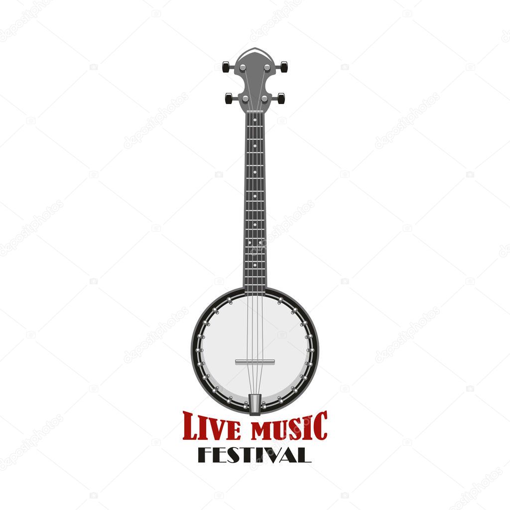 Live music festival emblem. String instrument of american folk music, banjo isolated icon for ethnic musical instrument symbol, country fest event and music entertainment design