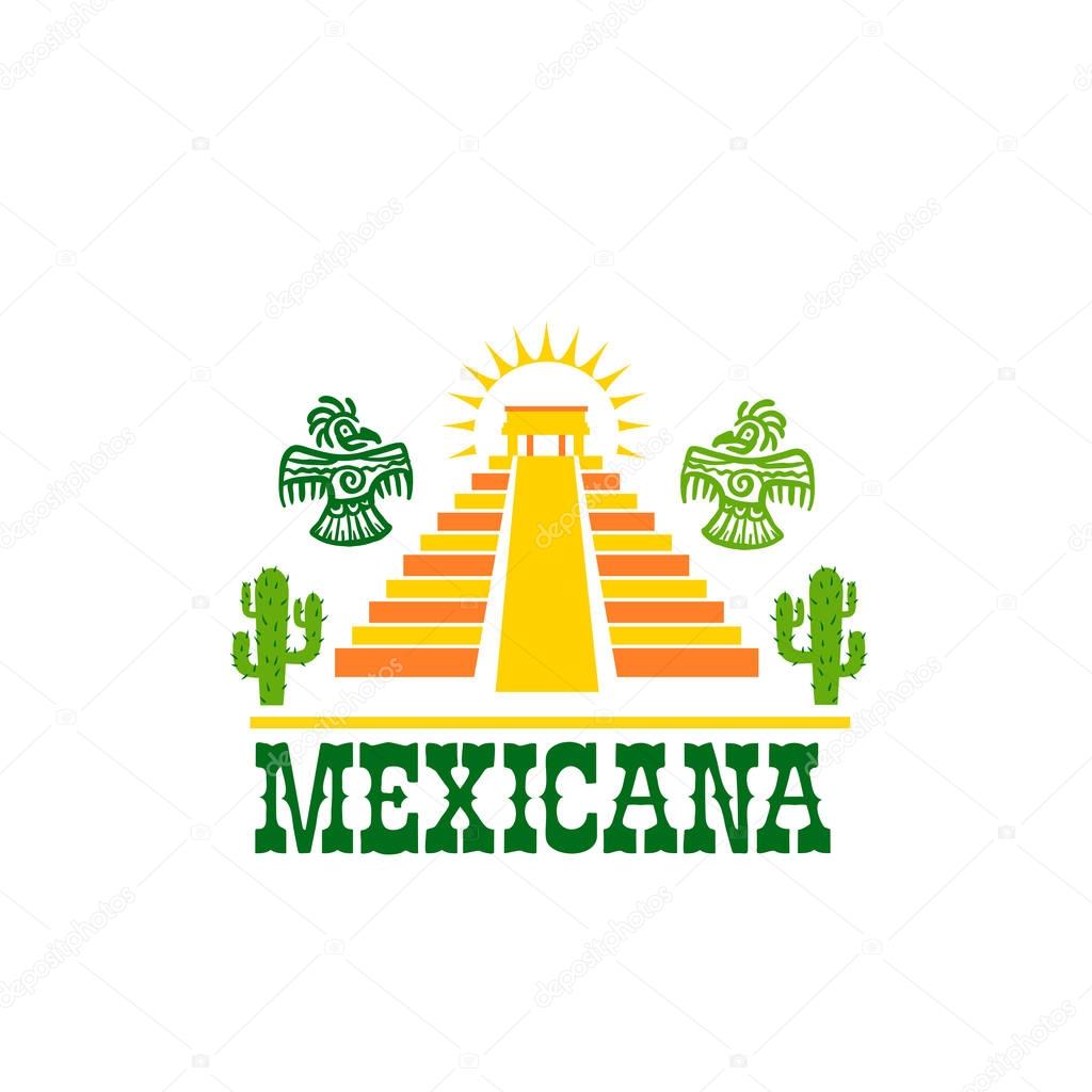 Mexican food isolated icon of national cuisine restaurant. Aztec pyramid temple symbol with cactus, sun and ancient maya bird, adorned by ethnic ornament for mexican fast food restaurant design