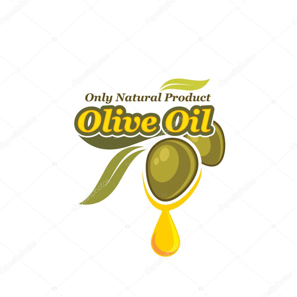 Green olive with oil drop isolated icon. Organic olive fruit with dripping oil drop symbol for extra virgin olive oil bottle label, natural healthy food packaging design