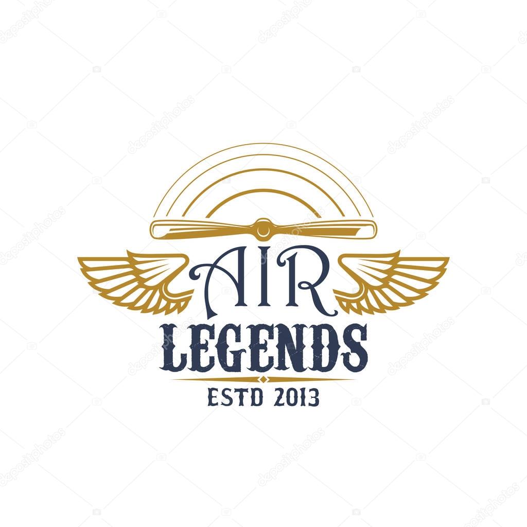Airplane propeller symbol of retro aviation. Rotating plane airscrew with wing on both sides and text Air Legends for flying club badge, air show emblem or vintage air transport theme design