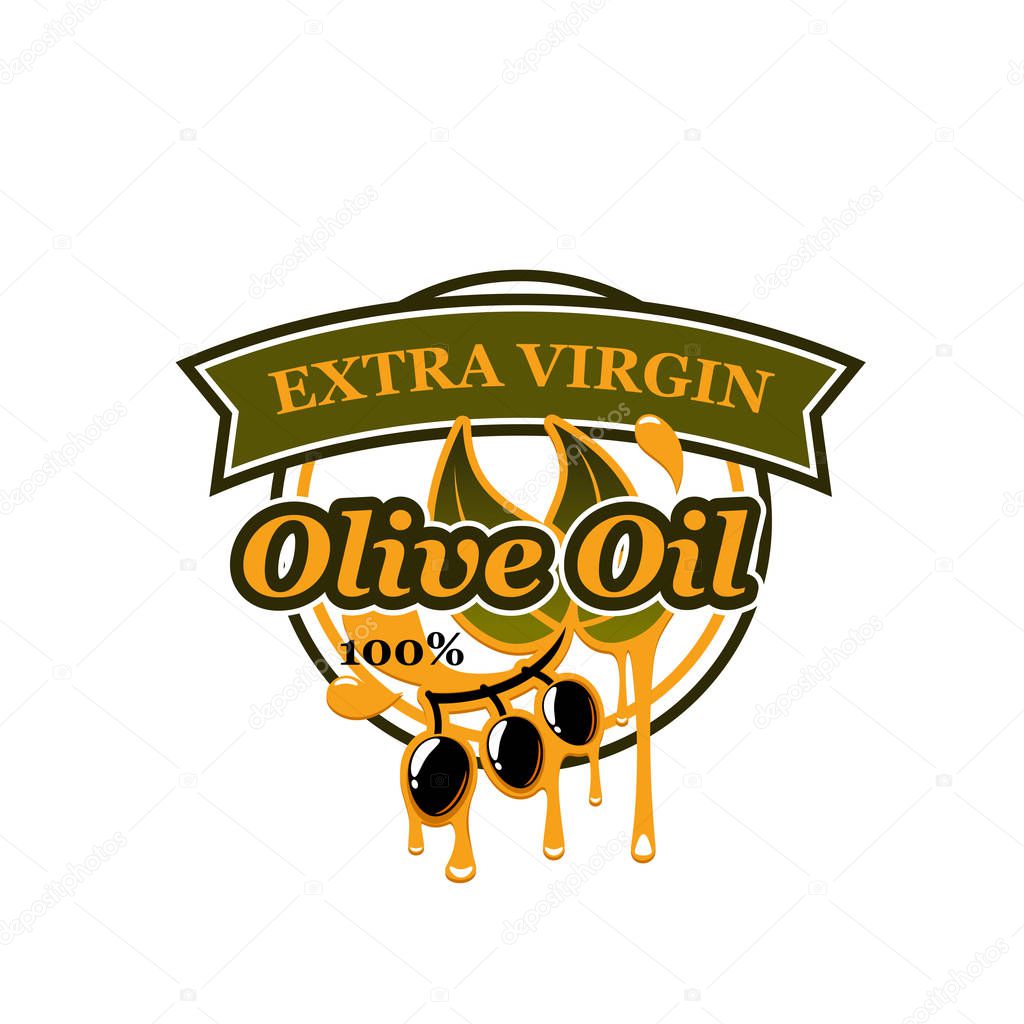 Olive oil label with black olive branch. Organic oil packaging emblem with olive tree branch, green leaf, ripe fruit and oil drop for healthy food, mediterranean cuisine seasoning design
