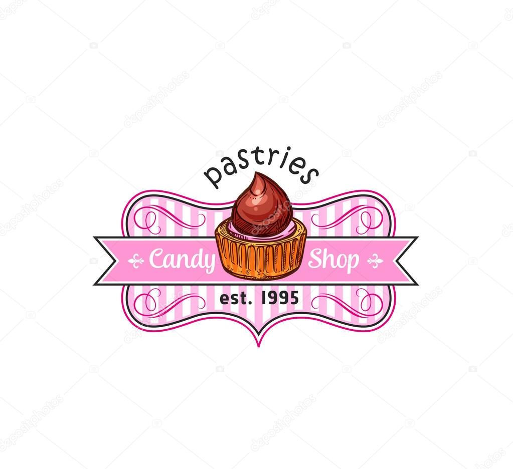 Cake dessert badge of pastry shop. Cupcake or muffin with chocolate cream and strawberry fruit glaze isolated symbol with ribbon banner for candy shop, bakery and cafe emblem, food packaging design