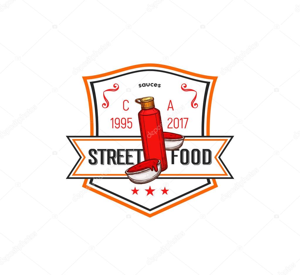 Fast food label of ketchup sauce. Fast food sauce badge with ketchup squeeze bottle and bowl with tomato and chilli sauce, decorated with ribbon banner and star for street fast food design