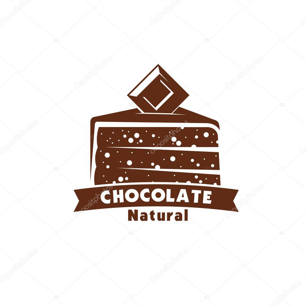 Chocolate cake sweet dessert icon of confectionery and pastry shop label. Cake with cocoa glaze or chocolate fondant, topped with dark chocolate bar for cafe dessert menu, food packaging emblem design