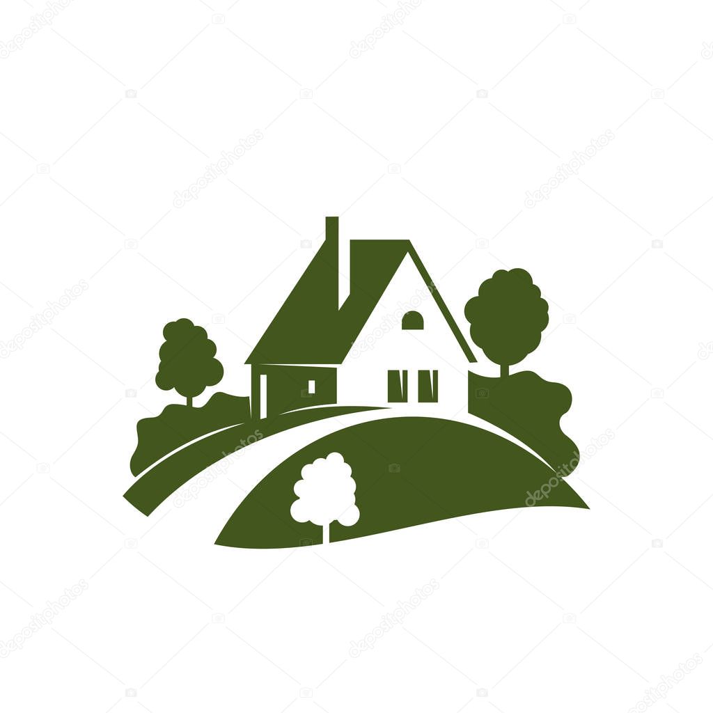 Green house icon with grass lawn, garden tree and plant, driveway and path. Landscaping, gardening and lawn care company emblem, country estate and ecology themes design