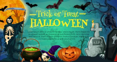 Cadılar Bayramı tatil poster ile iskelet mezarlığı üzerinde