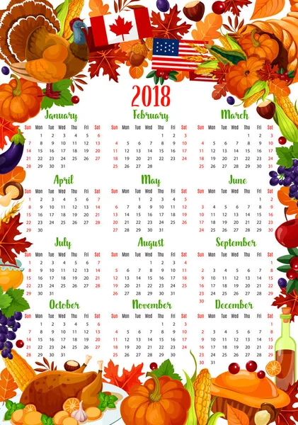 Šablona kalendáře s rámem svátek Díkůvzdání — Stockový vektor