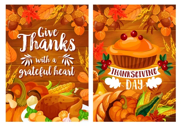 Set poster per la cena del Ringraziamento con tacchino e torta — Vettoriale Stock