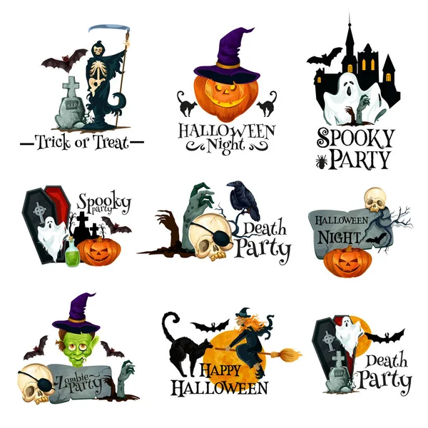 Símbolo de feriado de Halloween de abóbora, fantasma e morcego — Vetor de Stock